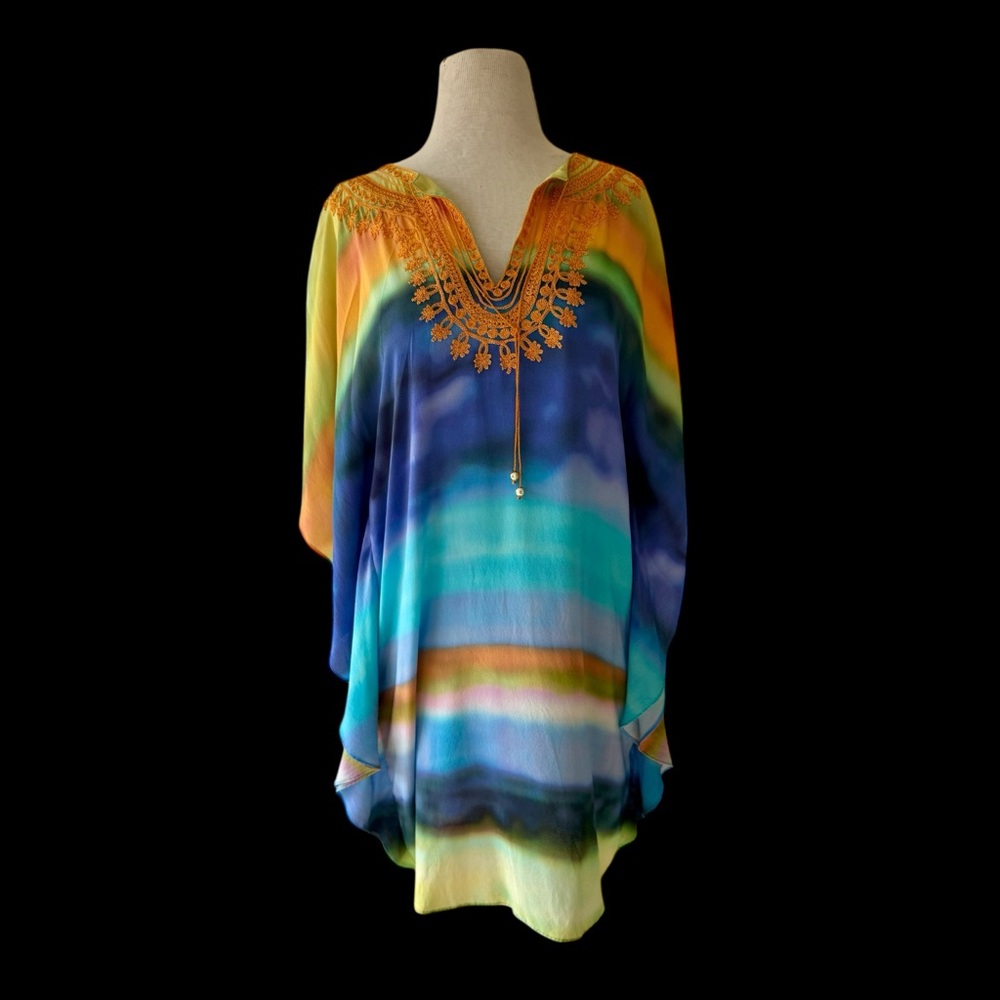 Trina Turk 100% Silk Tie Dye Embroidered Caftan Dress Sz 6 Resort Cover Up EUC